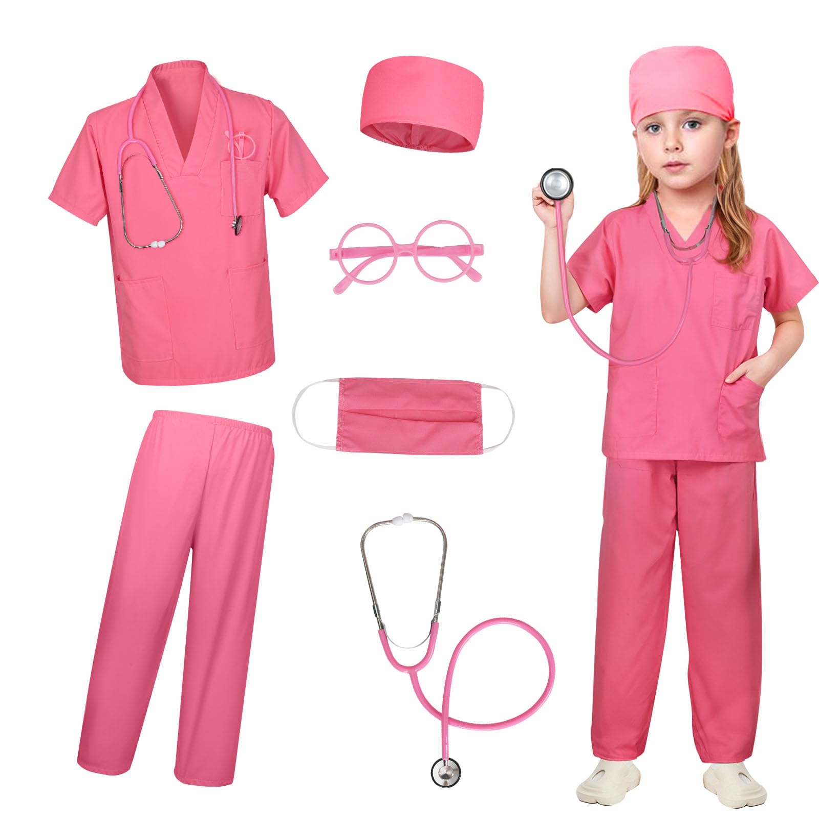 Amiao Children Doctor Costume with Scrubs Costume, Mask, Children's Glasses FramesStethoscopeKids Role Play Halloween CostumesChildren Doctor World Book Day Costume for 3-7 years old.
