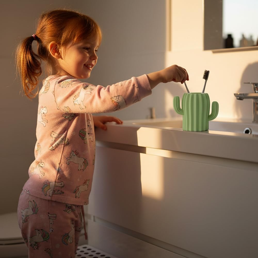 Silicone Kids Cactus Cute and Funny Toothbrush Holder for Bathroom Decor Countertop Organizer, Unbreakable (1, Green)