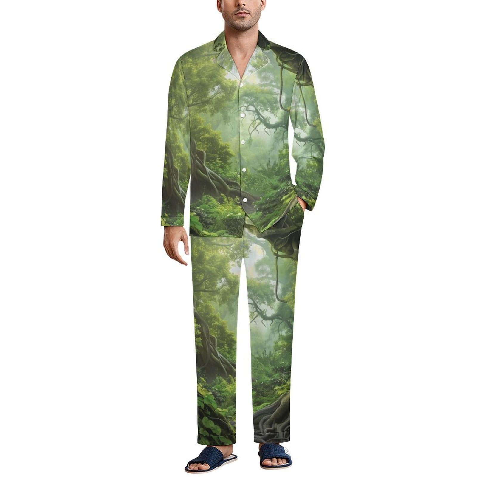 Pigiama Verde Uomo Cotone Primavera Foresta Antica Pigiama da Notte con Bottoni Pigiami Due Pezzi Maniche Lunghe Camicia e Pantaloni con Tasche
