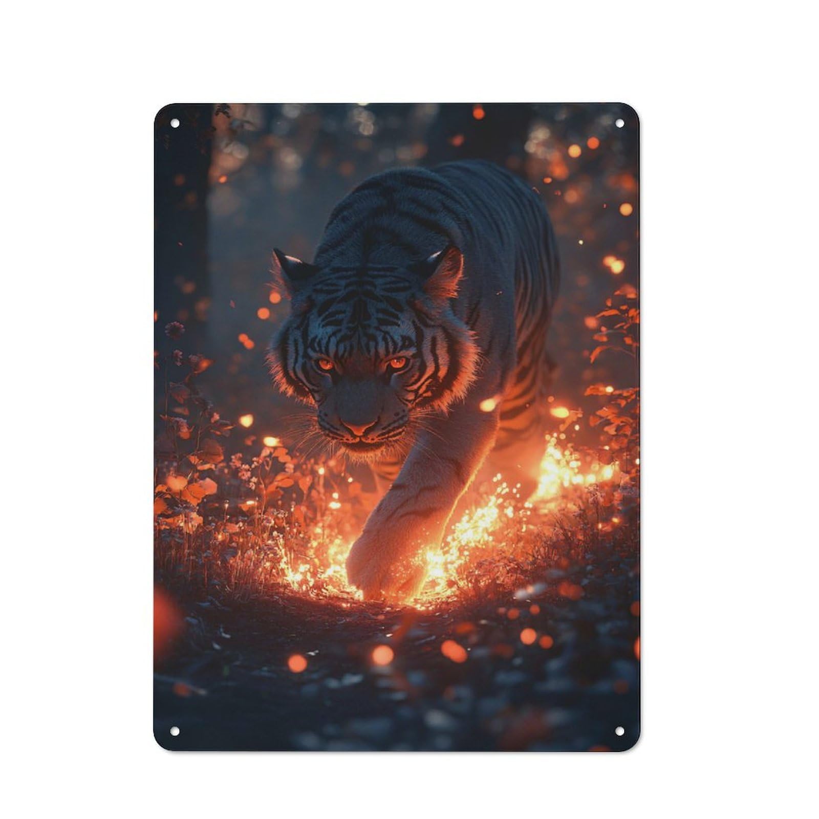 Tin Wall Plaque 40x30cm with Tiger with Glowing Eyes in A Fiery Forest for Workshop Wall, Housewarming Wall Decor for People Furnishing Workshop