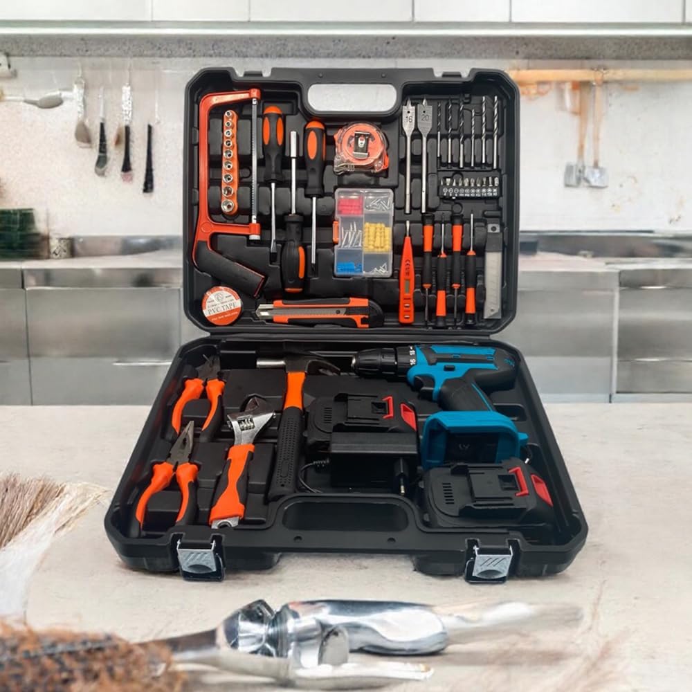 Kit Valigetta Attrezzi da 100 Pezzi con Trapano Avvitatore e Batterie da 88V con Martello Chiave Inglese Pinze e Seghetto