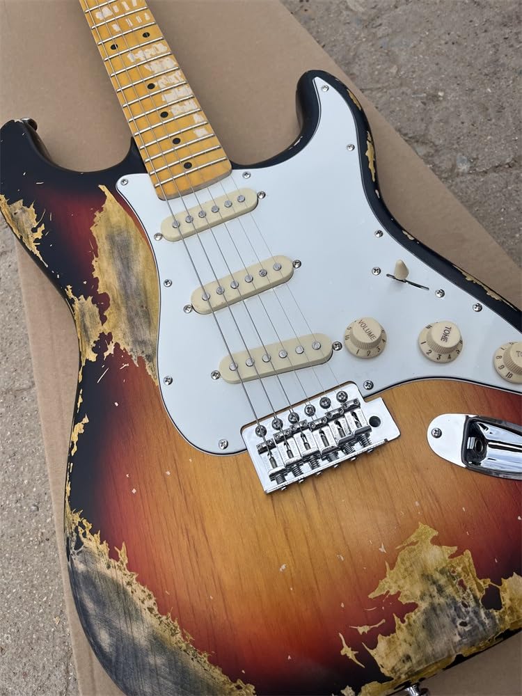 Niestandardowa gitara elektryczna z drewna basowego, gryf klonowy, postarzany sprzęt, wykończenie lakierem SunburstColor Nitro
