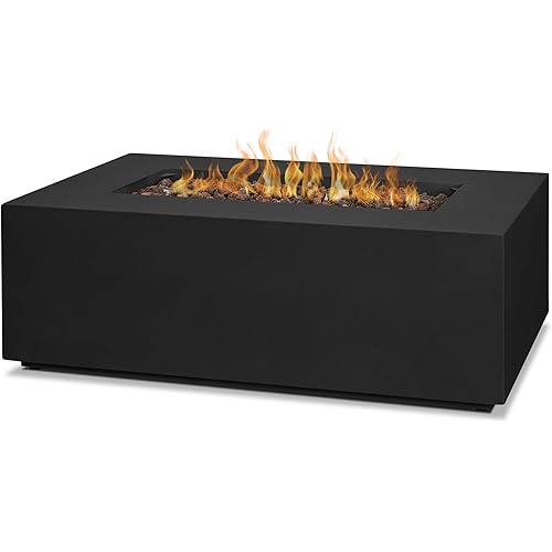 Real Flame Aegean 42in Rectangle Propane or Natural Gas Fire Pit Table, 50,000 BTU, Powder-Coated Steel, Push-Button Ignition, CSA Certified, Lava Rock, Storage Cover, Stainless Steel Burner with Lid