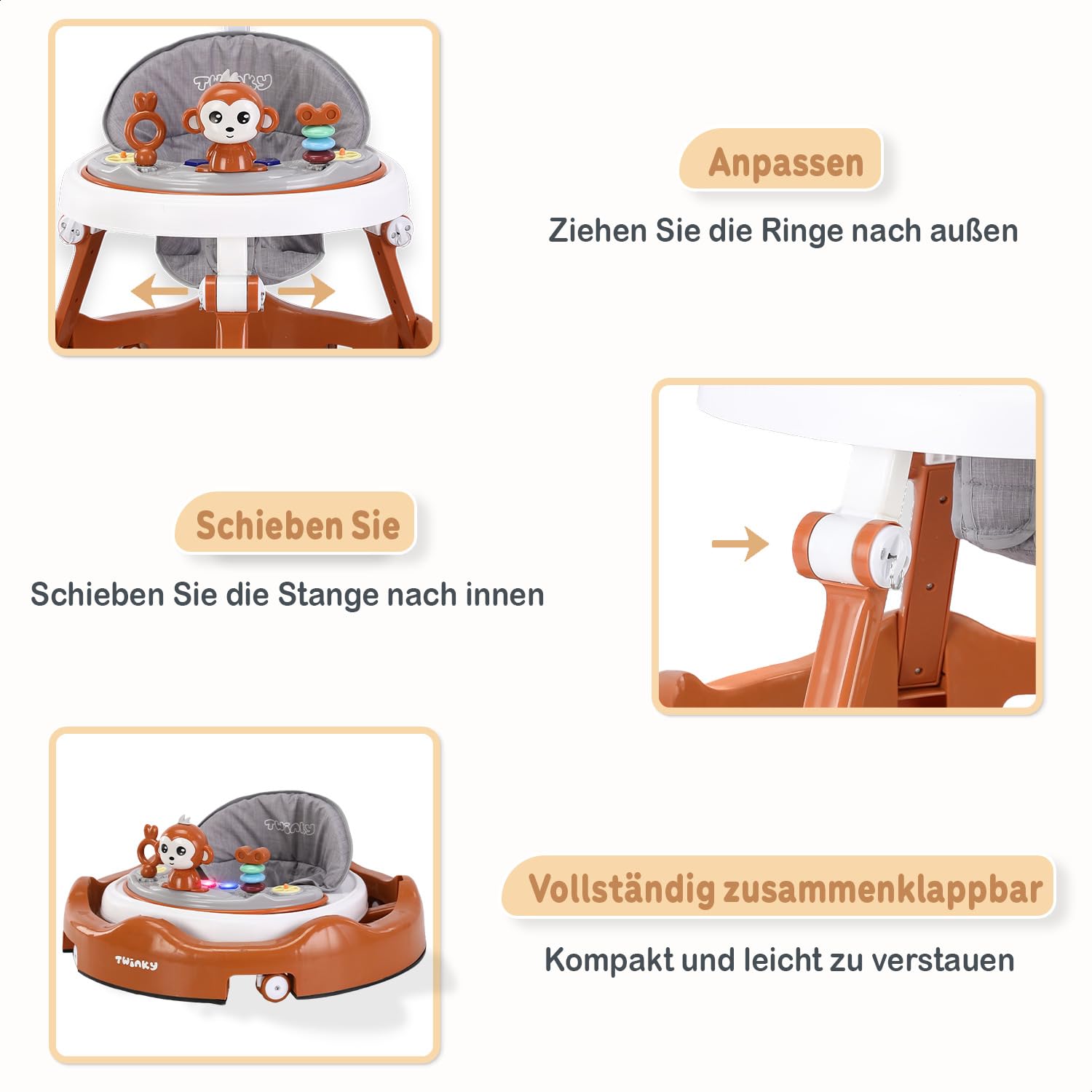 Twinky® Lauflernwagen mit Spielset & Bodenmatte - Robuste 4-fach verstellbare Vorschul-Lauflernhilfe - Ideal als Gehhilfe für die ersten Schritte Ihres Kleinen (Braun)