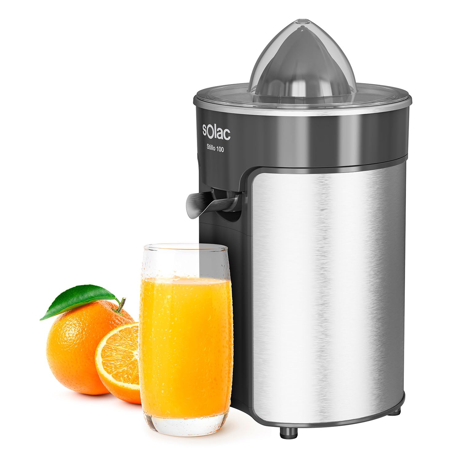 Solac - Sokowirówka Stillo 100 100 W | stal nierdzewna | 2 zdejmowane stożki | System zapobiegający kapaniu | Ciągłe nalewanie | Pojemność 240 ml | nadaje się do mycia w zmywarce | Nie zawiera BPA