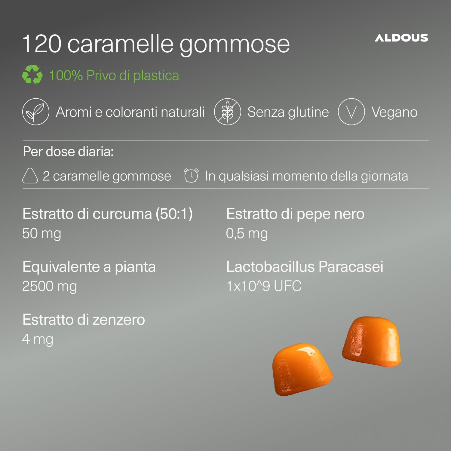 Curcuma e Zenzero con Pepe Nero + PROBIOTICI - 2500mg - 120 Caramelle Gommose - Sapore Naturale di Mango e Zenzero Piccante - Curcuma, Piperina - Antinfiammatorio Naturale Gonfiore Addominale - ALDOUS