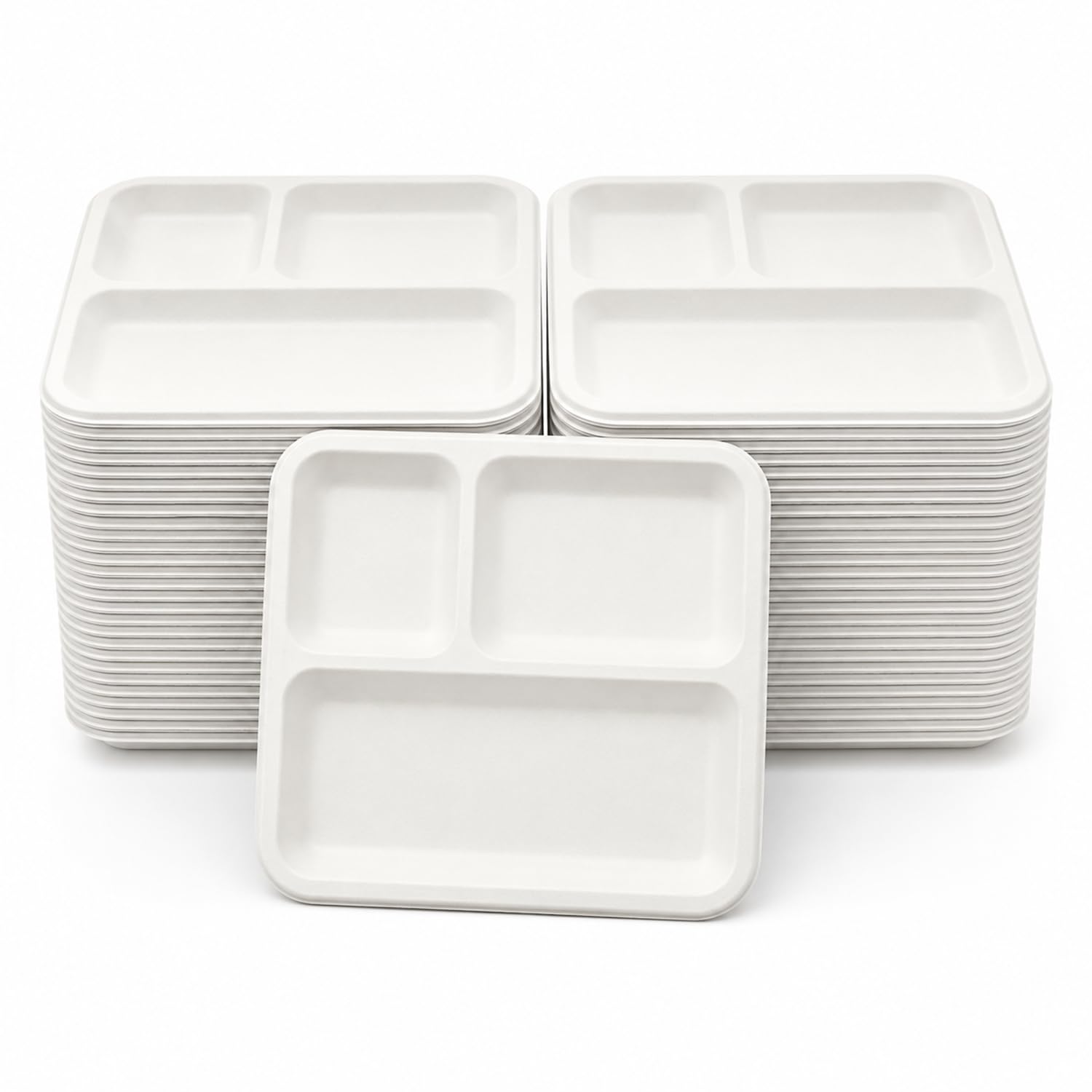 Bonkaso 3 Compartment Bagasse Square Meal Tray Pack of 100 | Disposable Sugarcane Plates | Eco-Friendly & Plastic-Free | Heavy Duty, Microwave Safe Food Serving Trays for Parties, Events & Catering