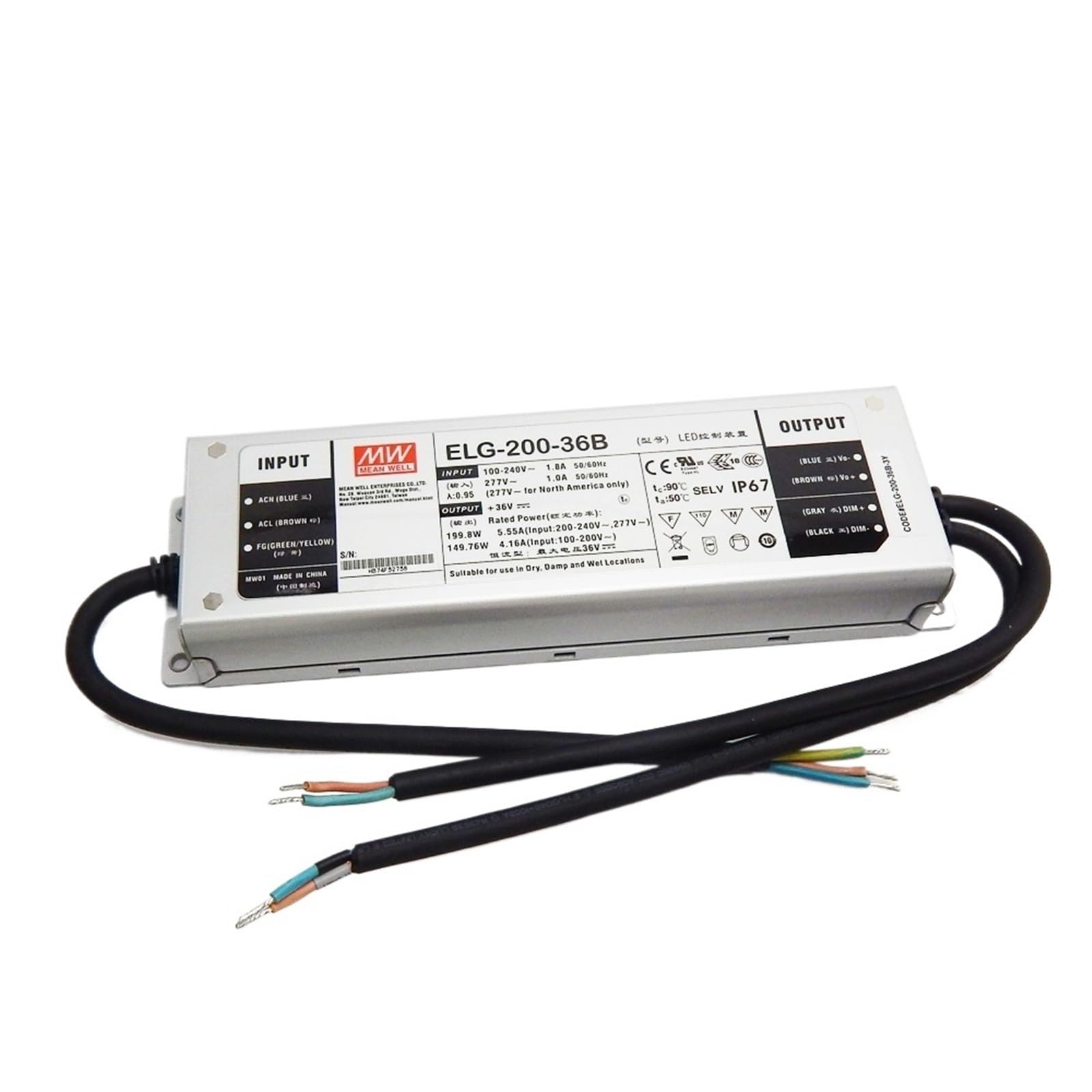 Fcarumiqp One Color Elg-200-36B-3Y 200W 5.55A 36V Dimmable Led Power Supply 110V/220V Ac To Dc Waterproof Ip67 Dimming Led Driver