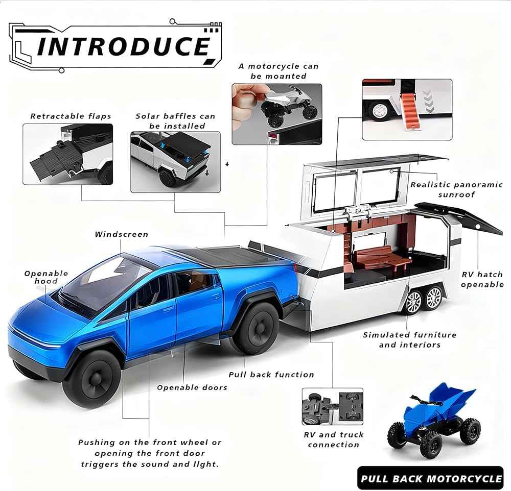 1/32 Toy Truck with RV and ATV Motorcycle Alloy Truck Model Camper Van Set with Sound and Light Effect Ideal Gift Age for 3+ Pull Back Cyber Toy Car Display Model