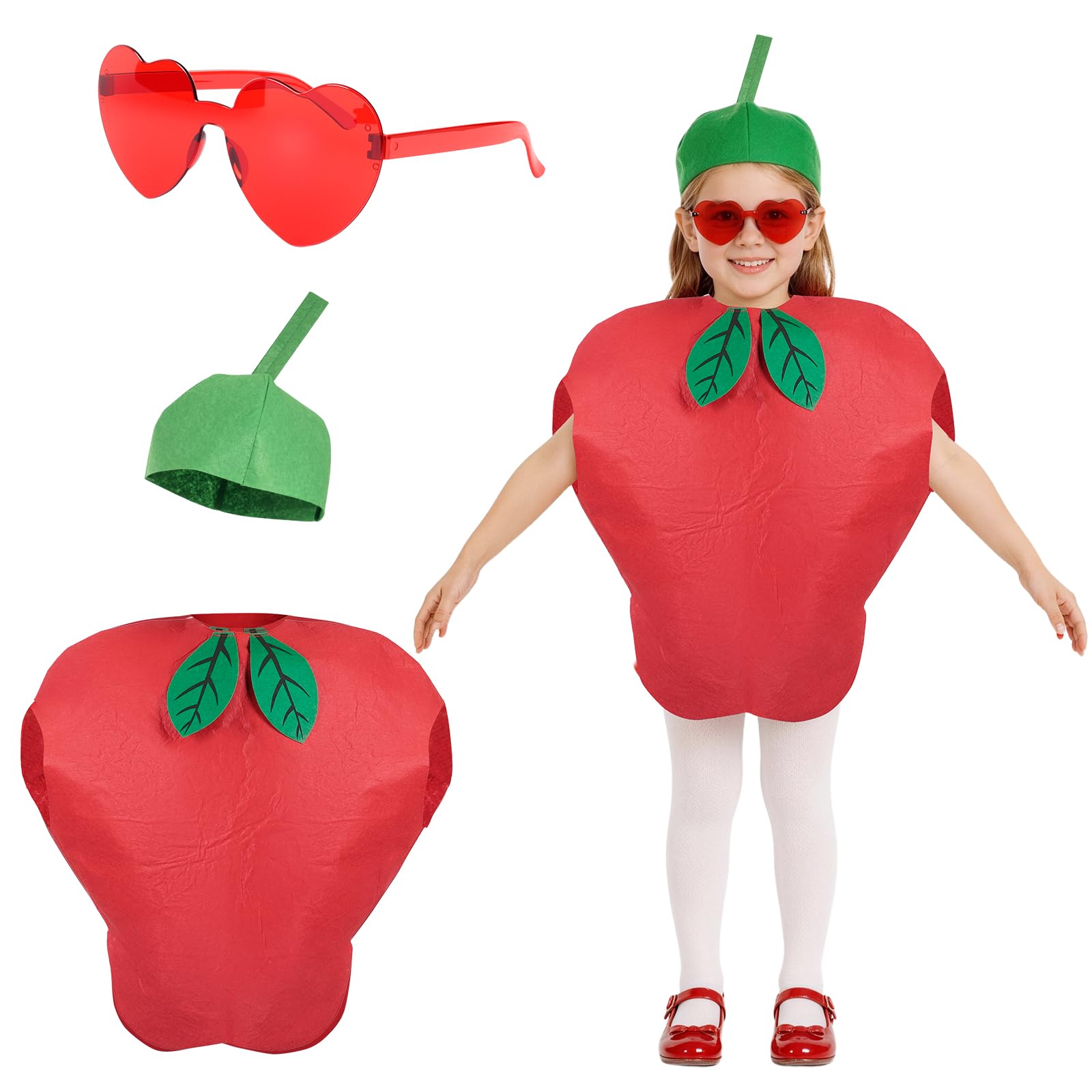 AYBUY Apple Costume for Kids, Funny Fancy Dress Up with Glasses, Lightweight and Comfortable Kids Fruit Costume for Themed Party Role Play World Book Day Halloween Christmas Carnival