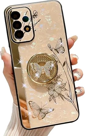 Galaxy A32 5G Kickstand Case, Cute Marble Conch Shell Floral Butterfly with Ring Stand Elegant Shockproof Protective Cover for Girls Women for Samsung Galaxy A32 5G Rose Gold