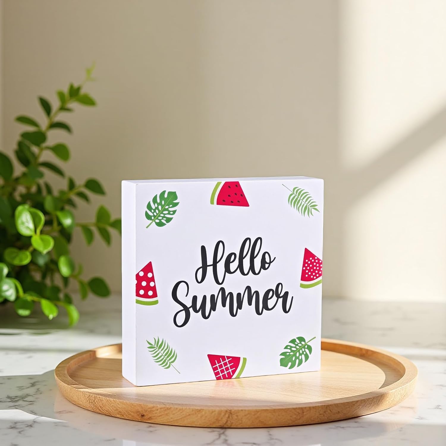 Summer Decor Summer Decorations for Home Wood Box Sign Rustic Watermelon Wooden Shelf Desk Decor Season Gifts 5.9 x 5.9 Inch