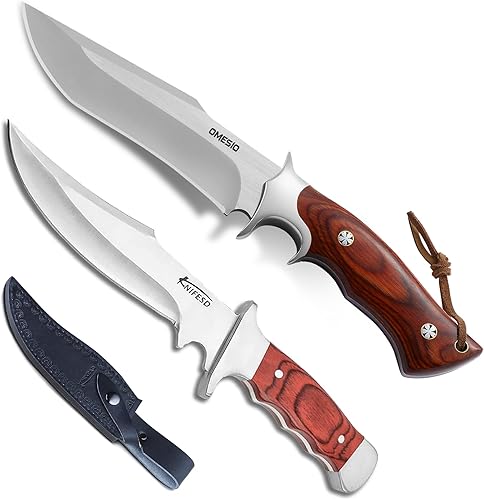 Omesio 2 cuchillos de hoja fija con funda, cuchillos de supervivencia Fulltang EDC cuchillos de caza con funda para hombre, mango de madera