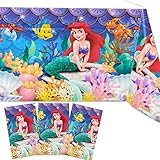 YUNKELIU 3 Pieces Little Mermaid Birthday Party Tablecloths, Ariel Themed Table Cover Plastic Rectangle Table Cover for Girls and Boys Baby Shower Birthday Ocean Party Supplies