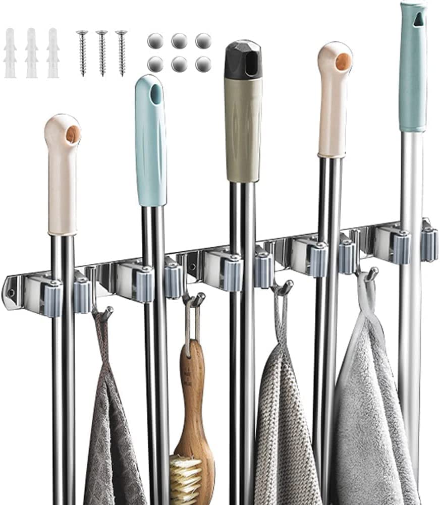 BluBasket 1 piece Broom Mop Holder Wall Mount Stainless Steel Wall Mounted Storage Organizer Heavy Duty Tools Hanger with 5 Racks 4 Hooks for Kitchen Bathroom Closet Garage Office Garden (B0C24TXHKX) Amazon Price History, Amazon Price Tracker