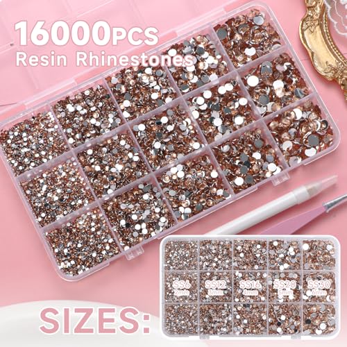 Image of 16000Pcs Flatback Champagne Resin Jelly Rhinestones for Crafting Tumblers | Mixed Sizes Champagne Gems Bedazzling Crystal with Pickup Tool for DIY Crafts Clothing Tumblers Mugs Shoes Nail Art Makeup