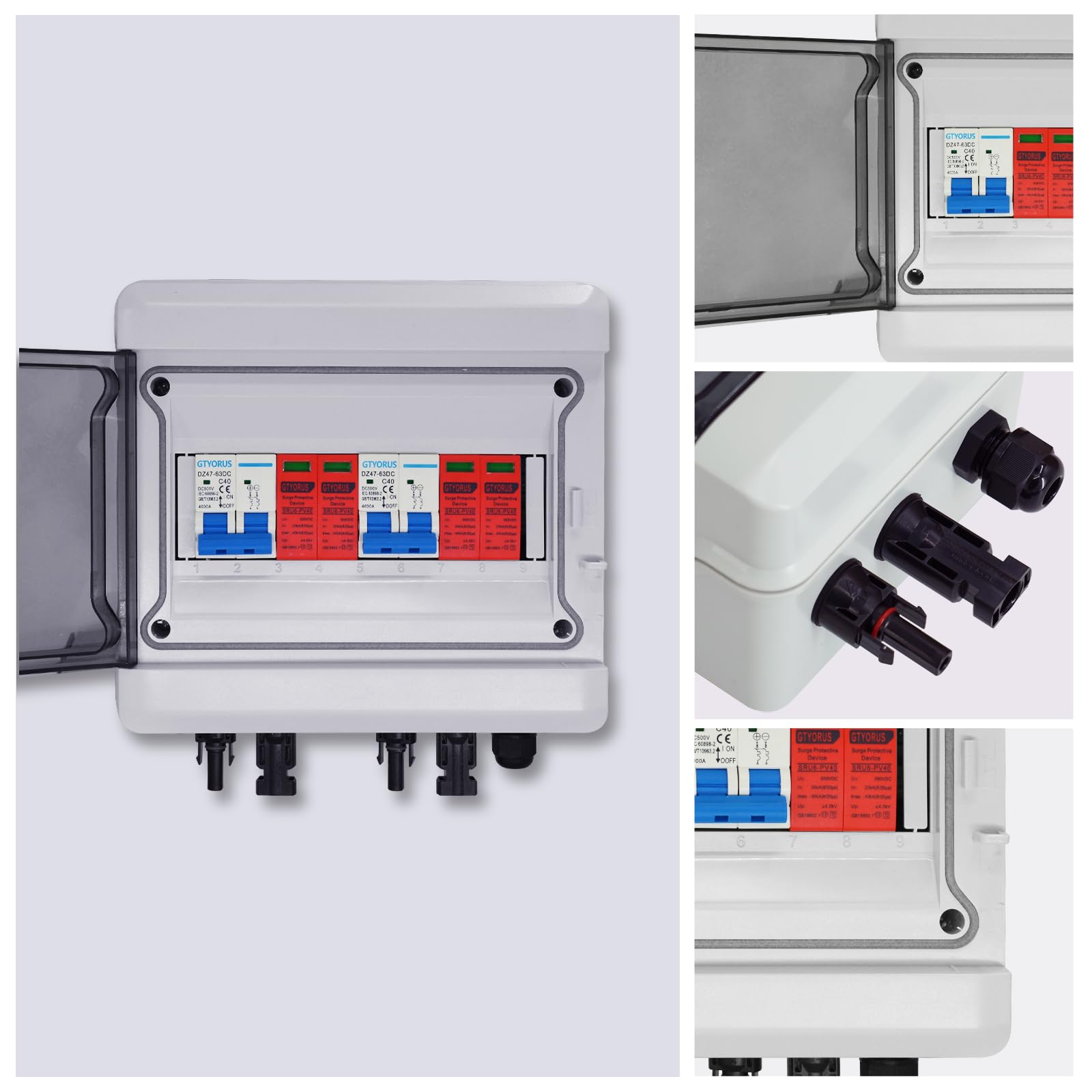 Boitier de Jonction Photovoltaïque Solaire, IP65 Protection Contre Les Surtensions DC Photovoltaïques, 2 String 500V PV DC Disjoncteur avec Fiche Solaire(2 in 2 out, 40A)