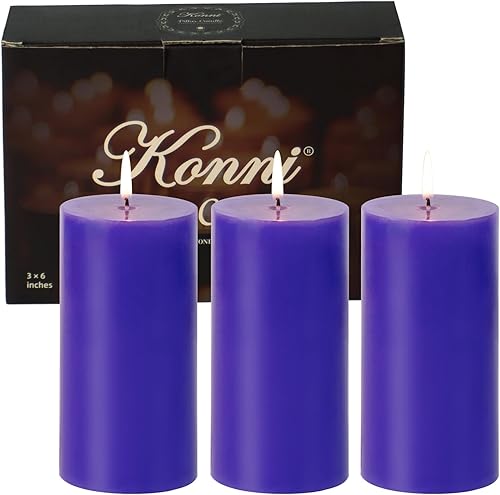 KONNI Juego de 3 velas de pilar violeta sin perfume de 3 x 6 pulgadas a granel, velas de 56 horas de combustión, velas redondas grandes sin humo y