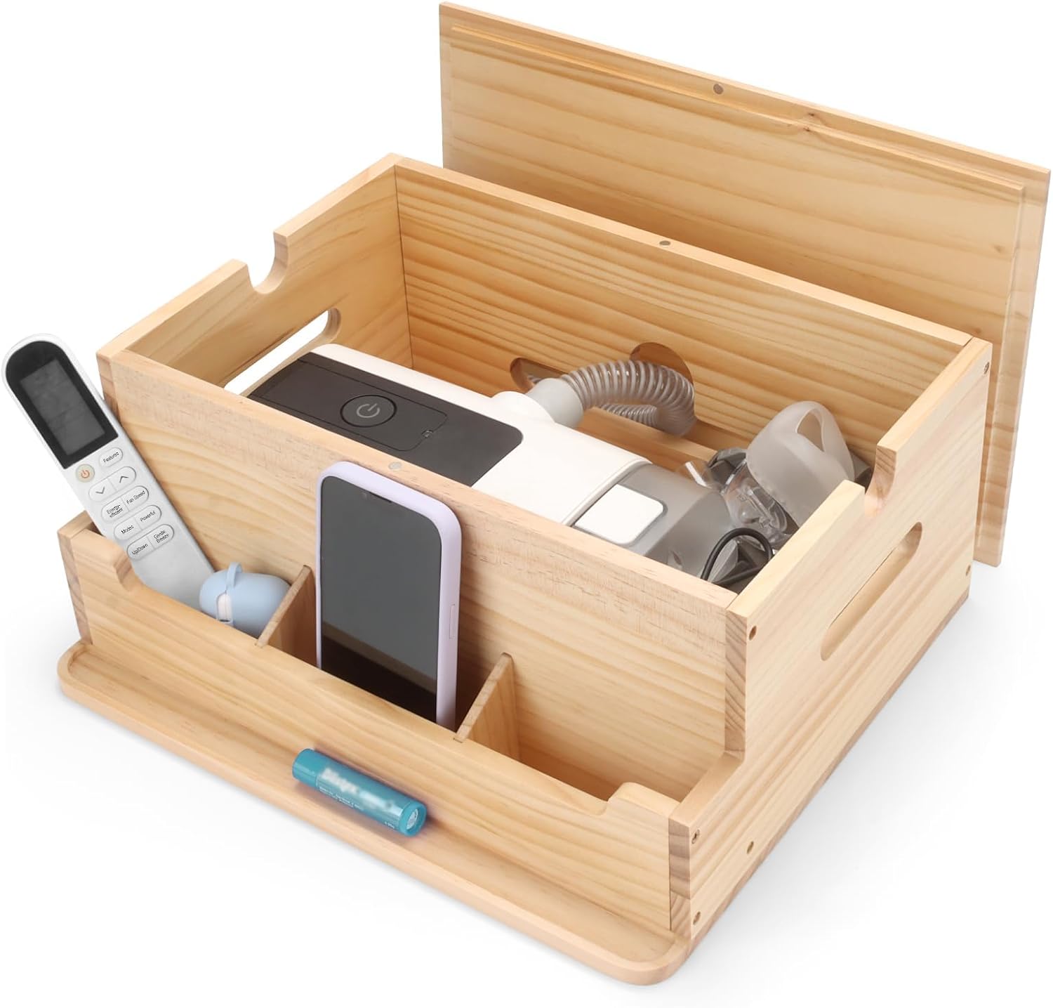 Wood CPAP Storage Box for Nightstand, Bedside CPAP Stand to Hide and Organize Your Machine, Travel CPAP Supplies Organizer for ResMed AirSense 11/10, Hose & Cable Management