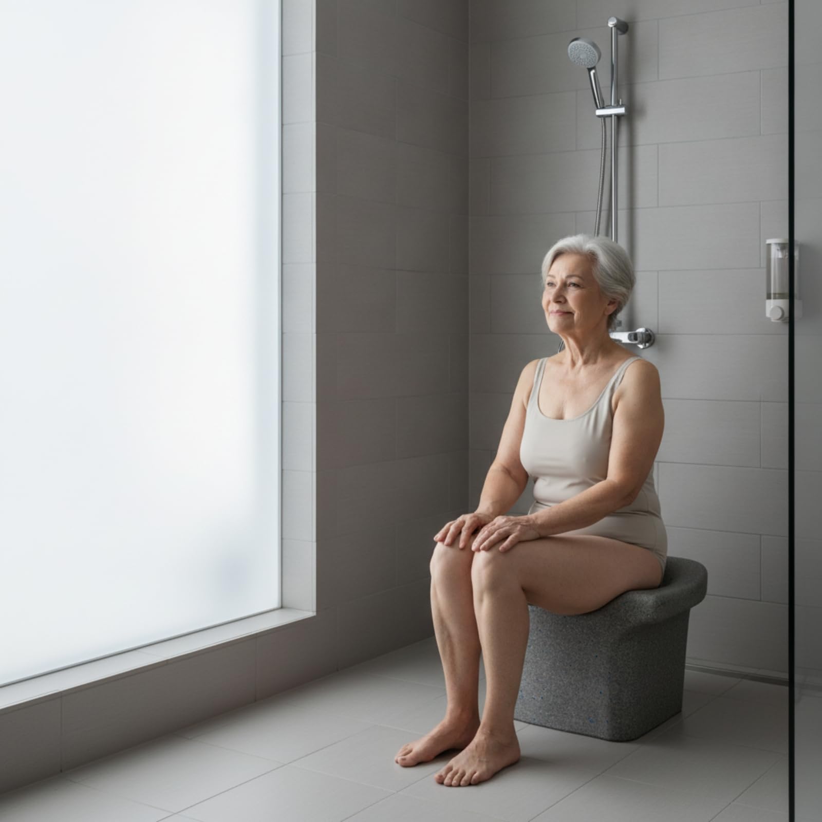 harayaa Sgabello da Doccia in Schiuma Sedia Bagno Sgabello Supporto Sedile Ergonomico Drenante Base Stabile Resistenza Allo Scivolamento Adatto per Assistenza Igiene Personale in Bagno, Beige