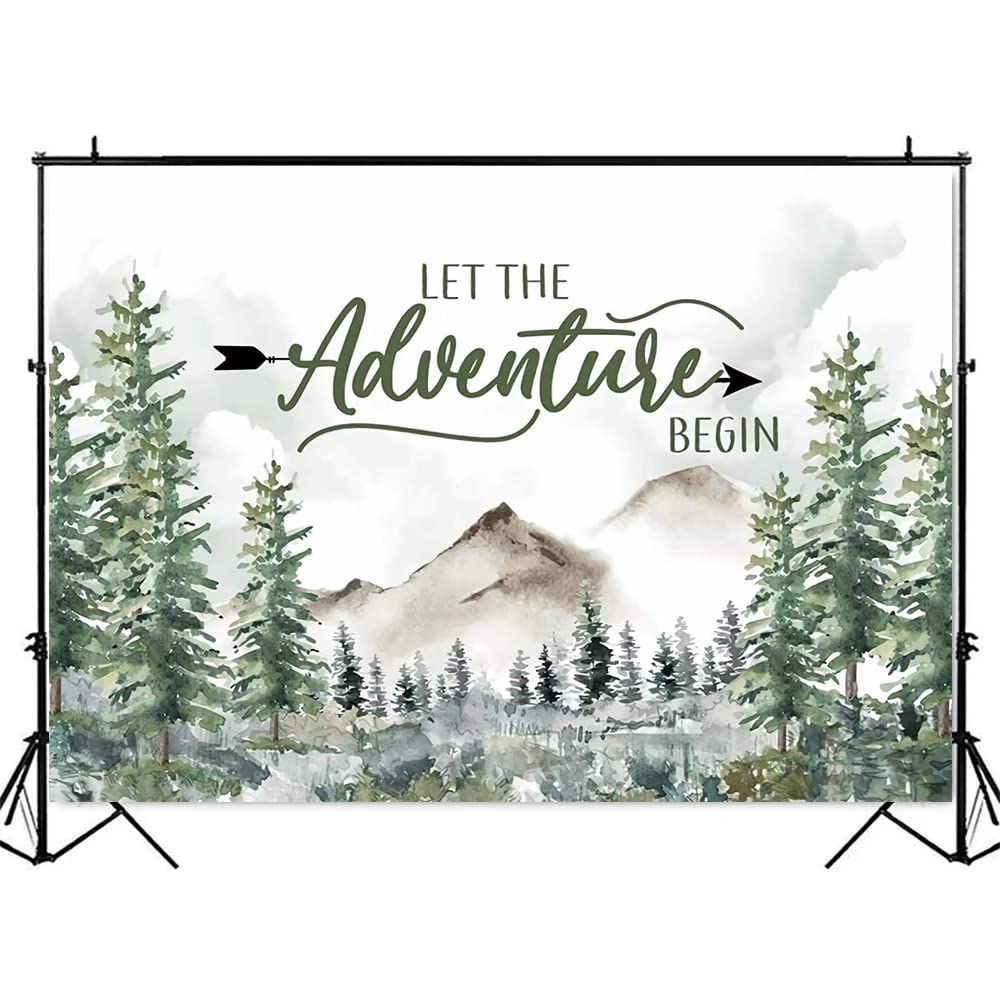 7x5ft Adventure Awaits Baby Shower Backdrop Pine Tree Mountain Wilderness Adventure Woodland Animals Background Let The Adventure Begin Party Photography Backdrop for Photoshoot