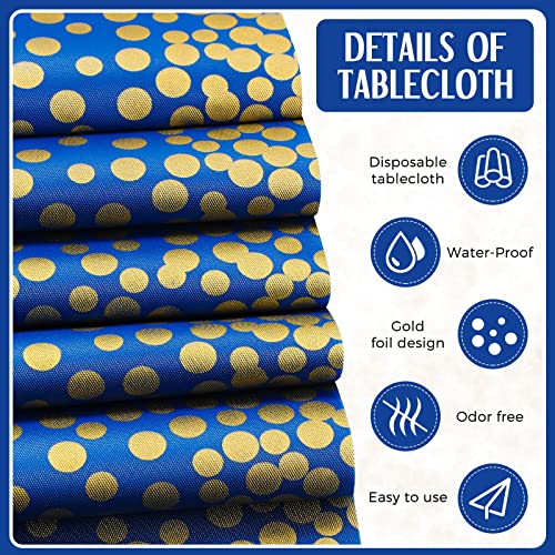 Image of Breling 8 Pack Navy Blue and Gold Disposable Plastic Tablecloths and Satin Table Runner Set, 54 x 108 Inch Tablecloth, 12 x 108 Inch Table Runners for Wedding Graduation Birthday Baby Shower New Year