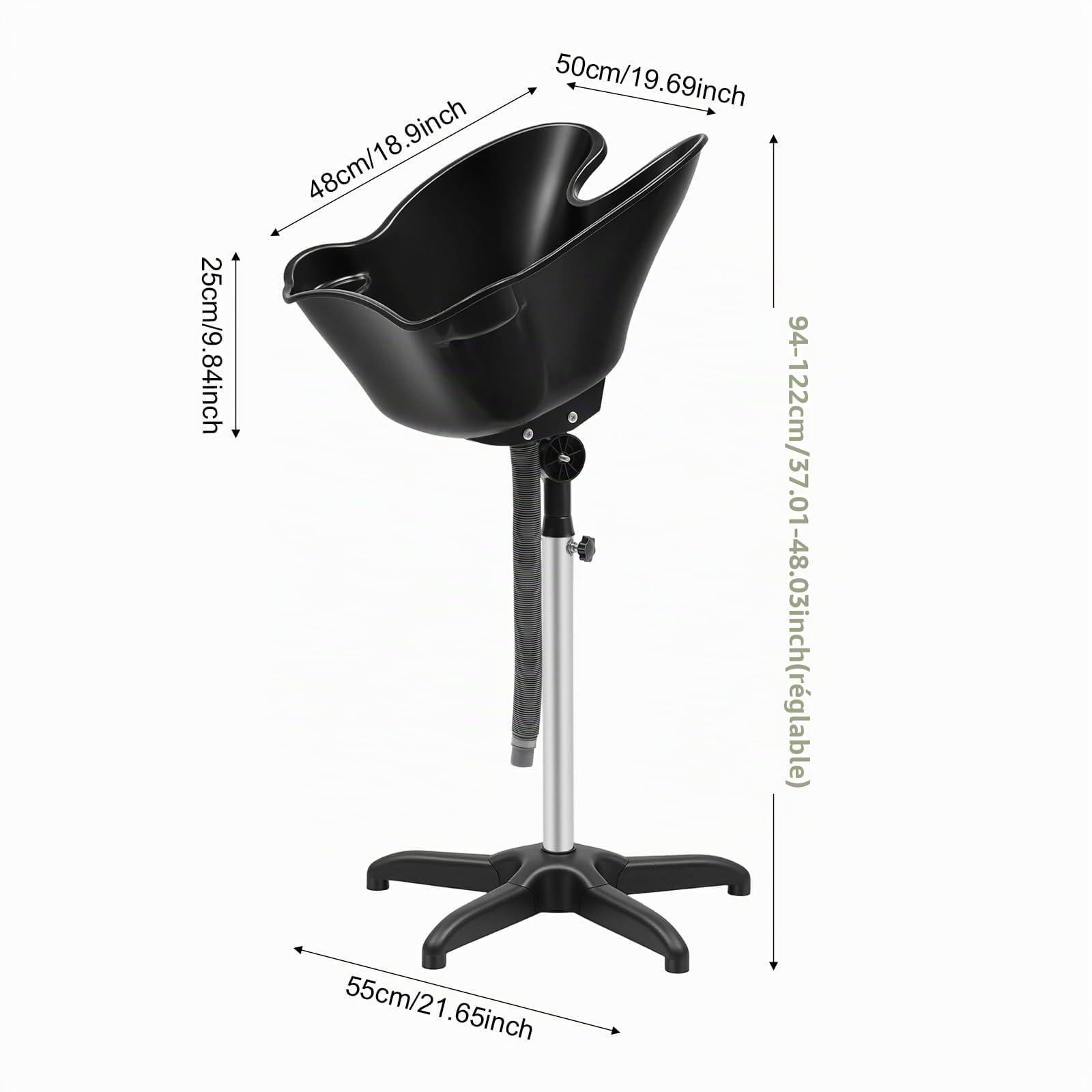 Bac Lave-Tête Coiffure Domicile 48x50cm Hauteur Réglable 94-122cm Noir