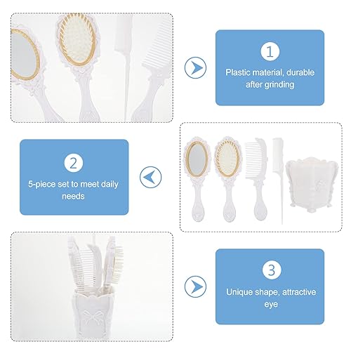 Miniatura 3 de Juego de 5 peines de espejo de mano vintage, juego de peine de espejo de maquillaje para el cabello, cepillo desenredante, peine de cola de rata con