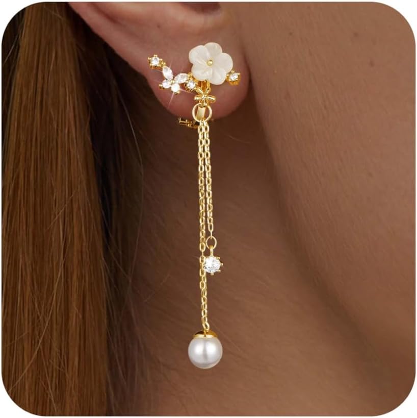 Clip on Earrings Dangle Pearl Drop Clip Earrings for Women Trendy Dangle Chain Dainty Flower Wedding Earrings for Brides 14K Gold Plated Statement Non Pierced Earrings for Women Sparkly Jewelry