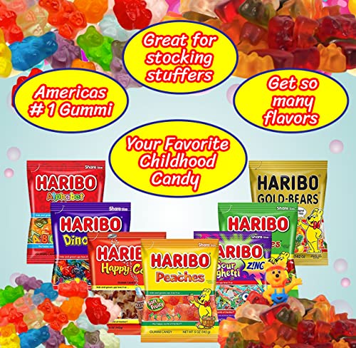 Haribo Gummy Bears Haribo Gummies, 4.3 Pound Gummy Candy Bulk Individual 5 Ounce Bags Variety Pack- Gold Bears, Peach Dinosaurs Cherries Happy Cola Spaghetti and More, with Nosh Pack Mints, 14 Pack