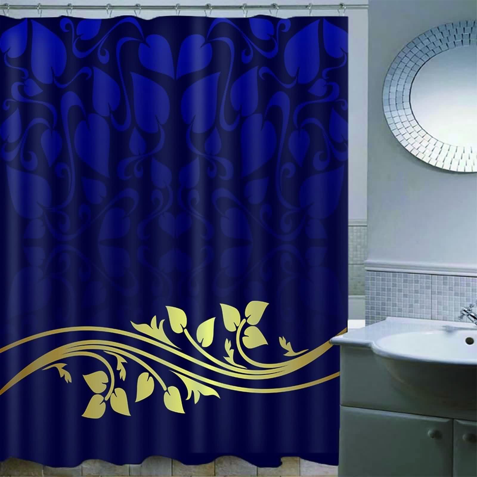 Rideau de douche pour salle de bain - Bleu foncé et jaune - Motif feuillage - Polyester - Anti-moisissure - Séchage rapide - Avec anneaux de rideau de douche