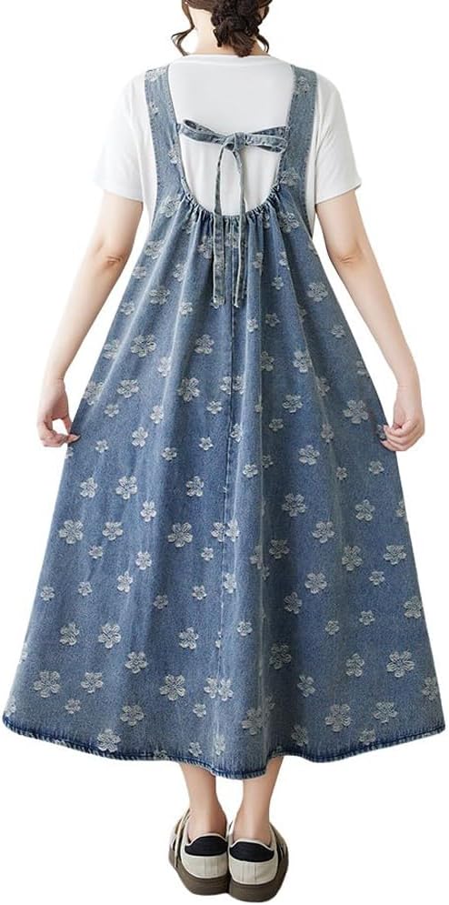 chouyatou Women's Boho Floral Embroidery Denim Overall Dress A-Line Tie Knot Back Midi Long Jean Jumper Dress - Image 5