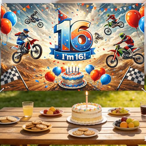 Image of Nuxovilar Happy 16th Birthday Banner Backdrop 71 inchx43 Polyester | Celebrate Party Supplies, Celebration Decor. Dirt Bike Birthday Party Decorations. Yard, Garage, Room. (Dirt Bike 16th)