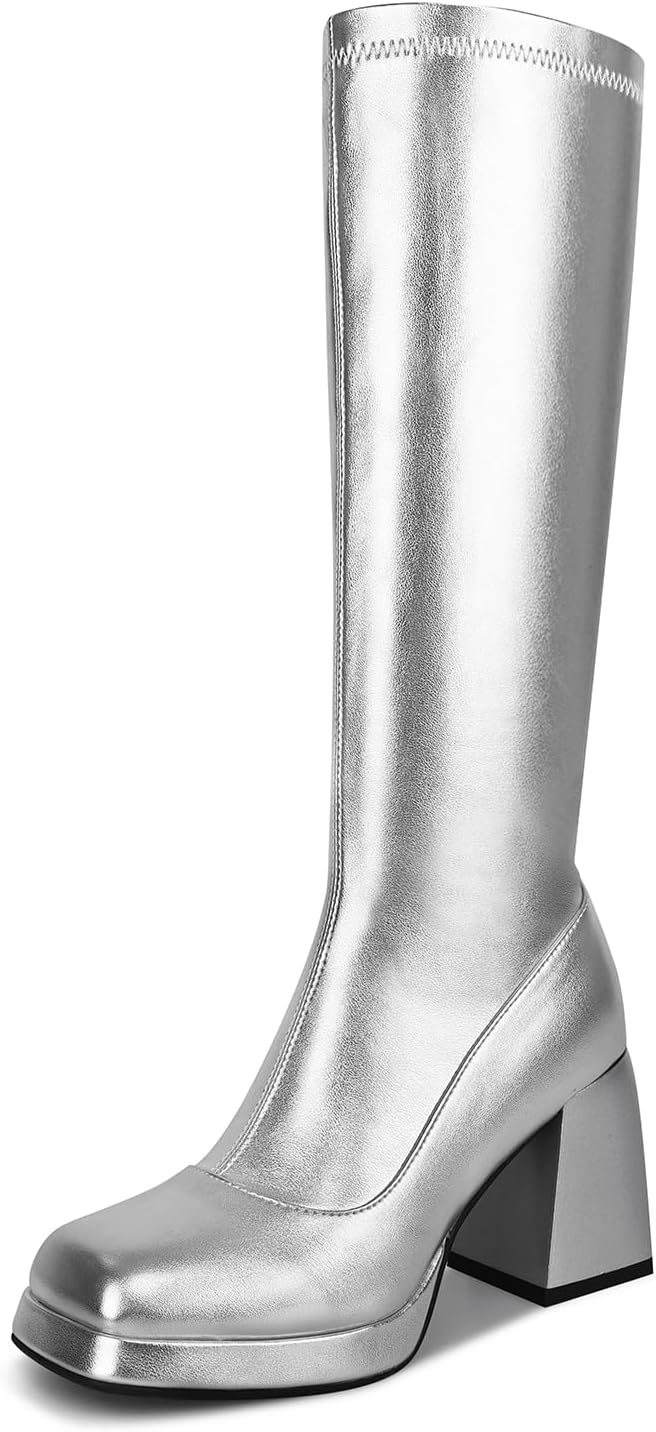 JEDKARARGogo Boots for Women, with Square Toe, Side Zipper and Chunky Heel Design, Sassy and Glaring