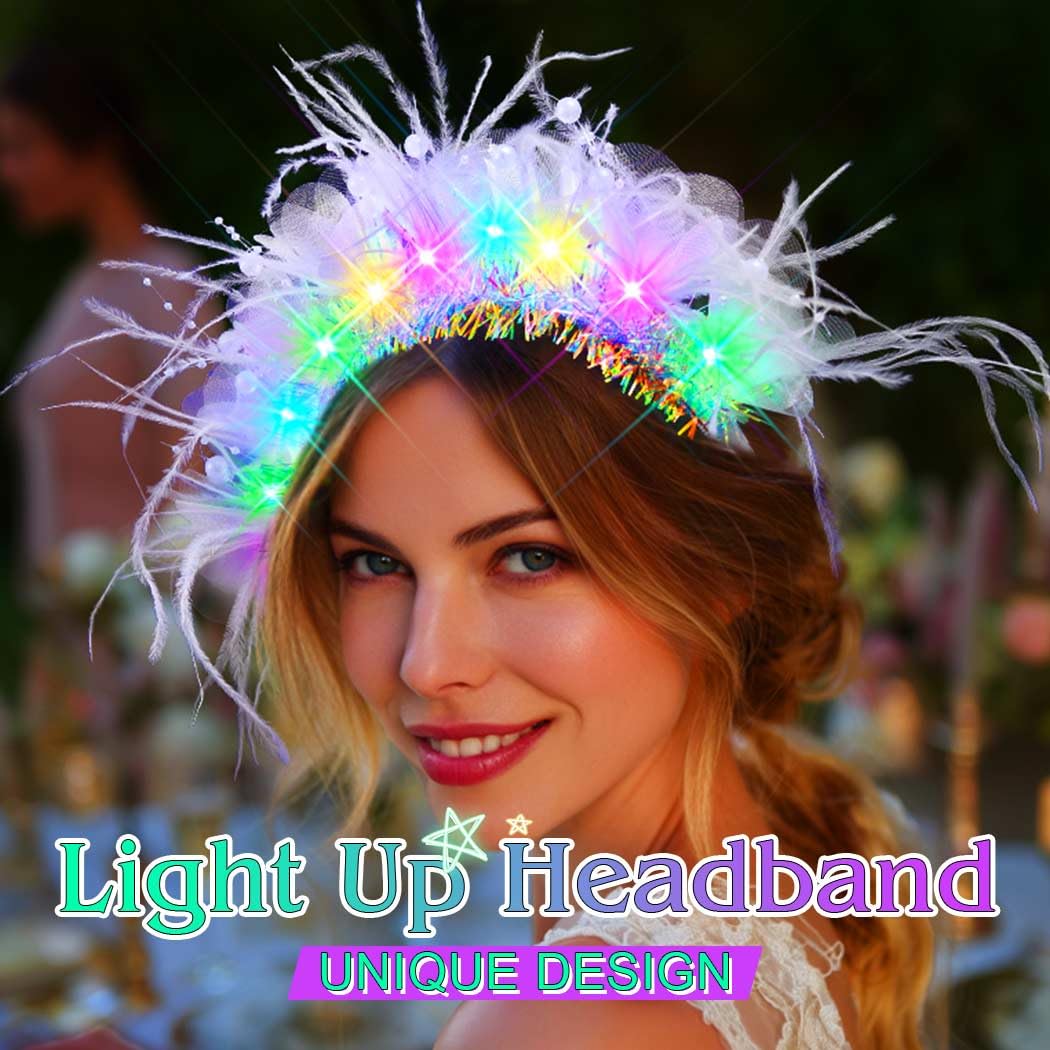 Evlry LED Feather Headband Glowing Flower Hair Bands Light Up Pearl Hair Accessories for Women, White - Image 4