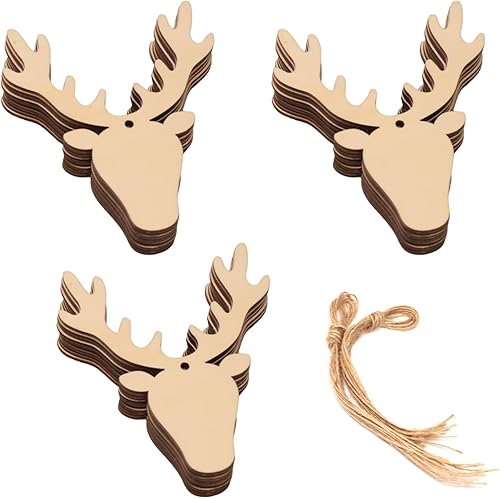 Honbay 30 adornos colgantes de madera con cabeza de ciervo, cabeza de reno, piezas de madera en blanco sin terminar, rebanadas de madera, adornos de