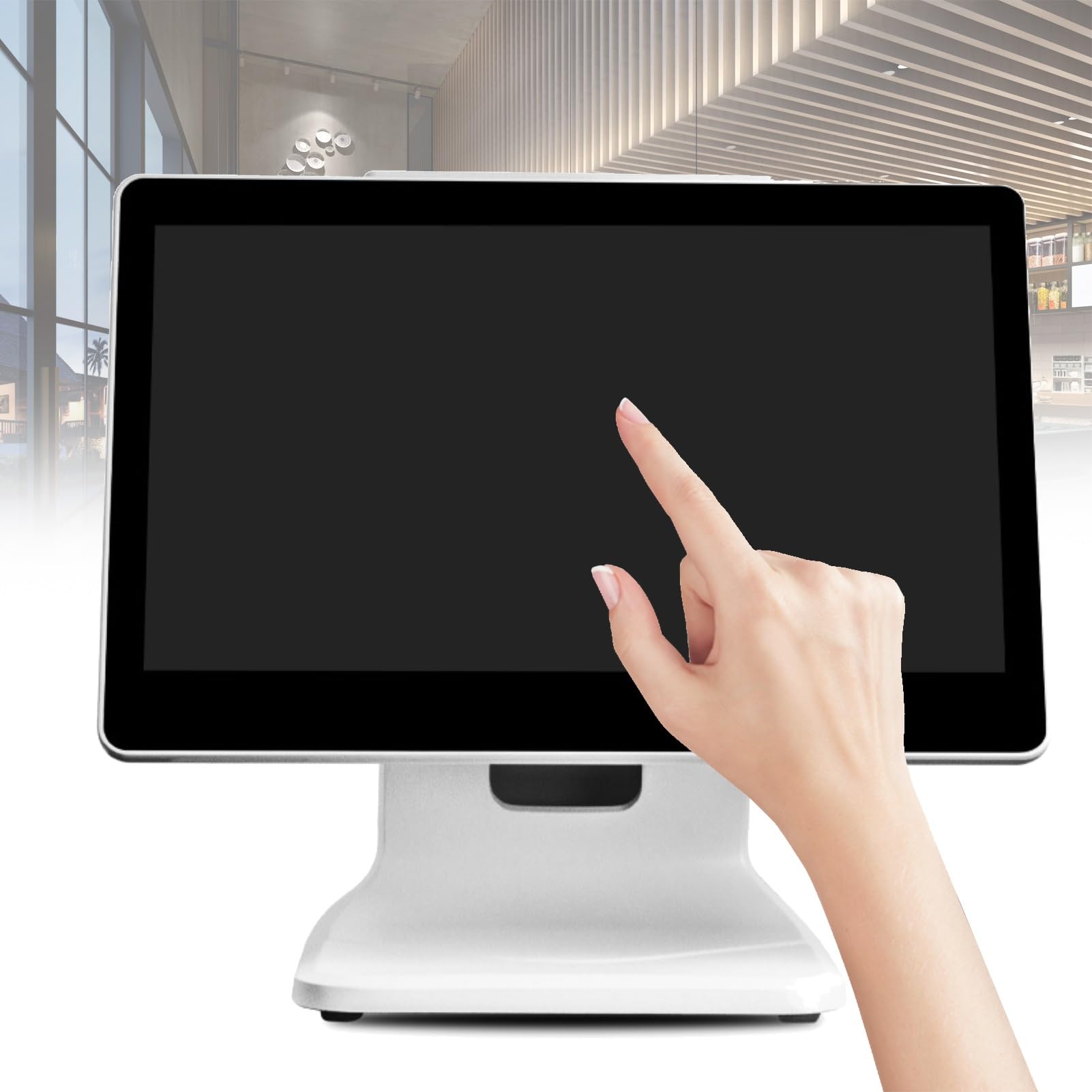 15-calowy pojemnościowy monitor wielofunkcyjny z podświetleniem LED i HDMI, proporcje ekranu 16:9, rozdzielczość 1366 * 768, płaski, bezszwowy design, idealny do biura, punktu sprzed