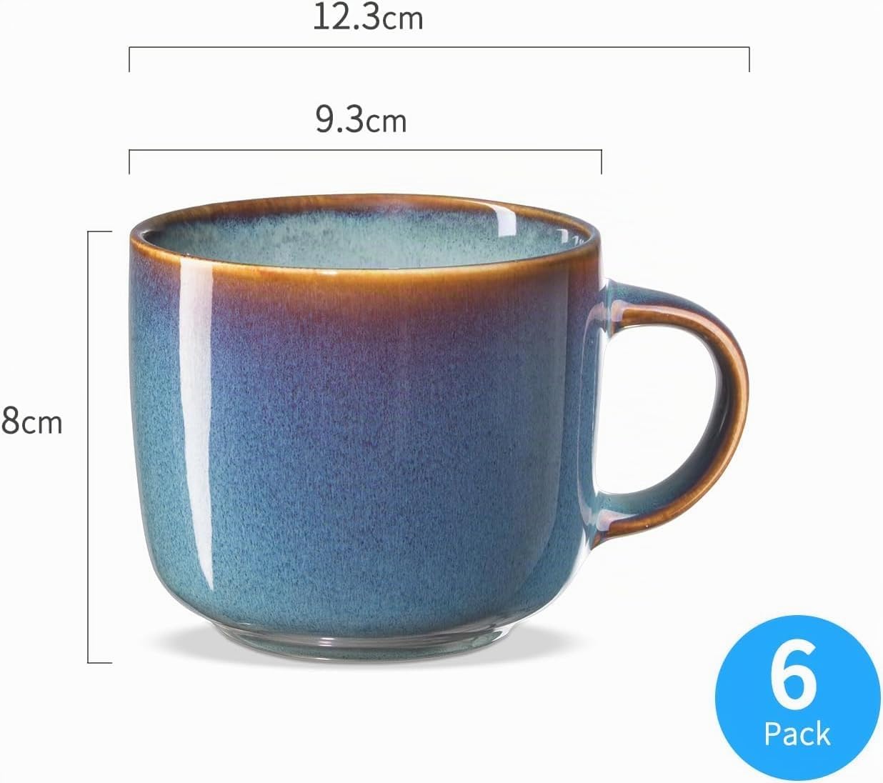 Kaffeebecher 6 Teilig, Keramik Tassen Teetasse für 6 Set, Multifunktional, Spülmaschinen Mikrowellenfest, Coffee Mug, Kaffeetassen 360 ml Blau Kaffee Becher
