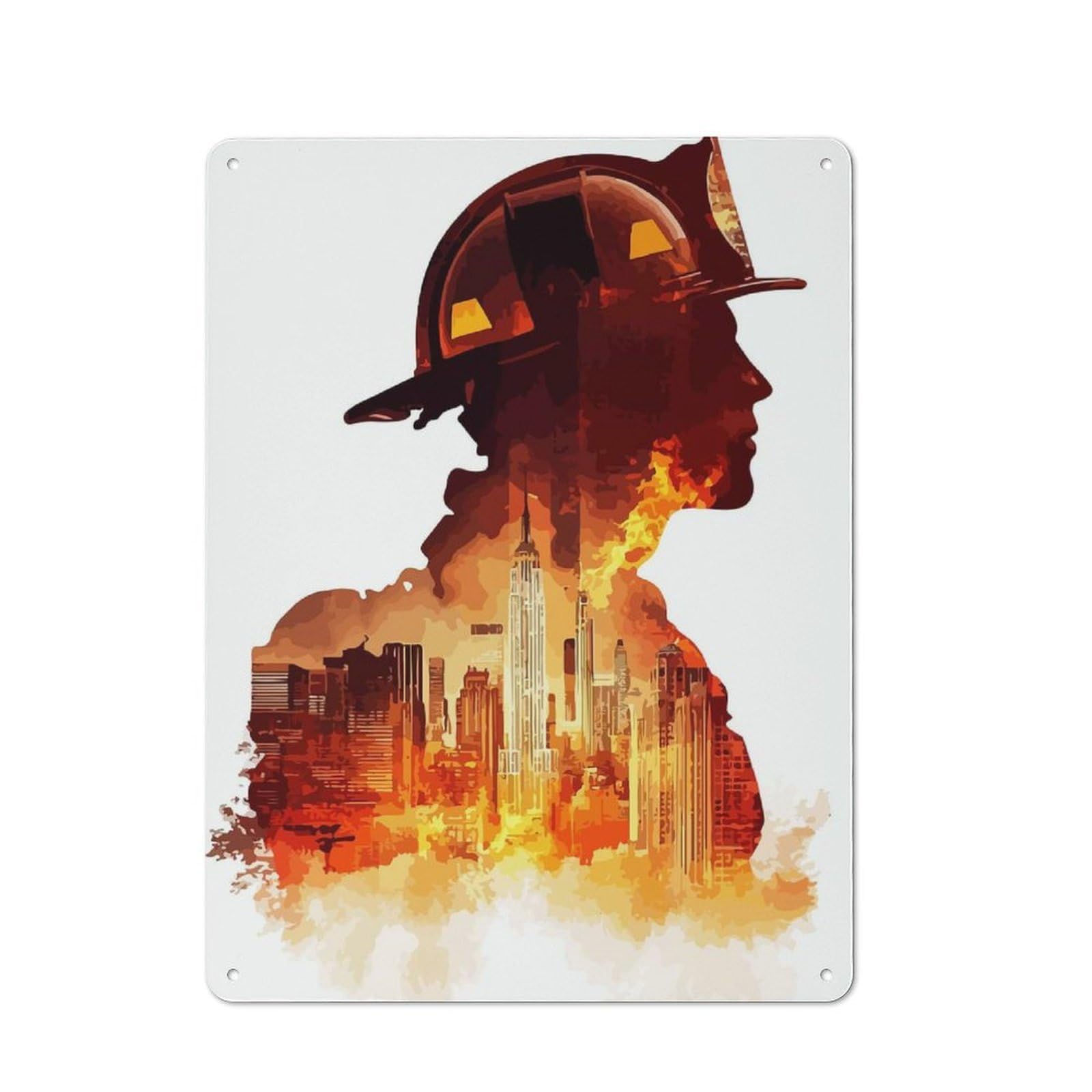 Firefighter Silhouette Cityscape Decorative Metal Wall Decor 40x30cm, Vintage Metal Sign for Hallway, Home Bar, Garage Or Study