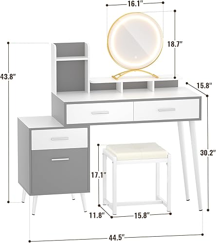 Miniatura 6 de Cyclysio Escritorio de tocador con espejo y luces, tocador de maquillaje con cajones, escritorio de maquillaje moderno con gabinete reversible,