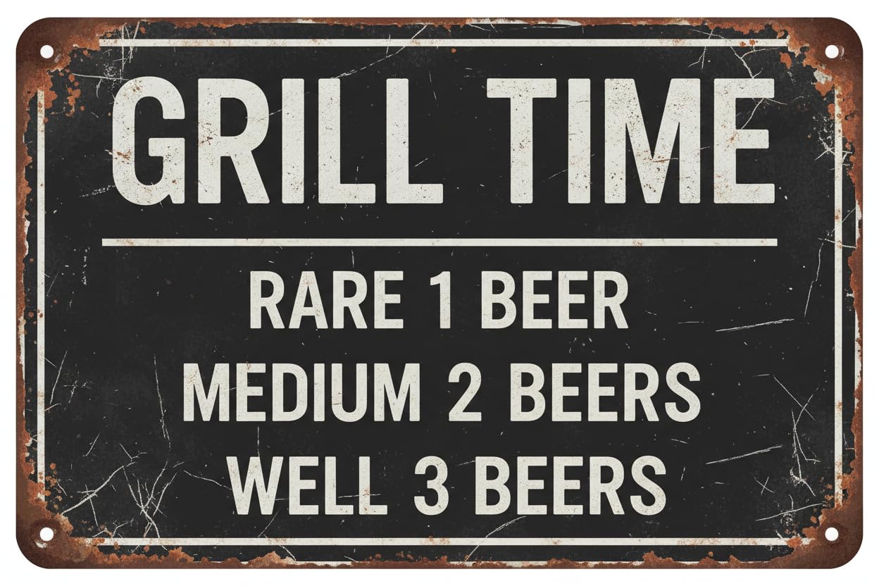Grill Time Medium 2 Beers Funny Tin Sign, 8x12 Inch
