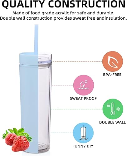 Miniatura 10 de Volhoply Vaso delgado de plástico de 16 onzas con tapa y pajita, paquete de 8 unidades, vasos aislados de doble pared de acrílico mate, sin BPA,