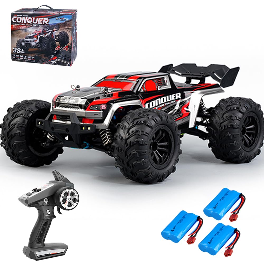 X-Verse Coche teledirigido 1:16, 50 km/h, cepillo de carbón, motor RC de alta velocidad, Offroad Drift, coche de carreras, 2,4 GHz, 4 WD All Terrain Offroad, coche de carreras, 3 pilas (rojo)