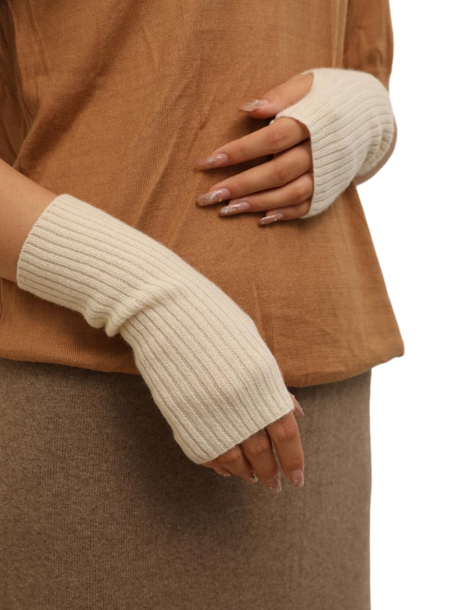 Prettystern Women's Cashmere Wool Ribbed Fingerless Gloves Hand Warmers Wrist Warmer Pulse Warmer, N - Cream White, Länge 21 cm, Gewicht 20g