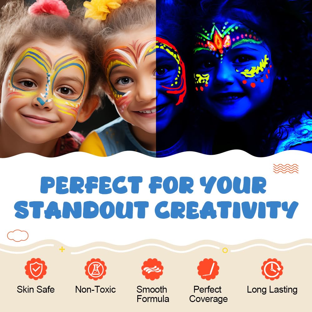 Matite Luminose per Pittura Viso Corpo, Pittura Viso, 12 Colori (5 Glow + 7 Classici), Body Painting per Bambini, Cosplay, Carnevale, Festa di Compleanno, Pasqua, Trucco Cosplay, Sicuro e Sano