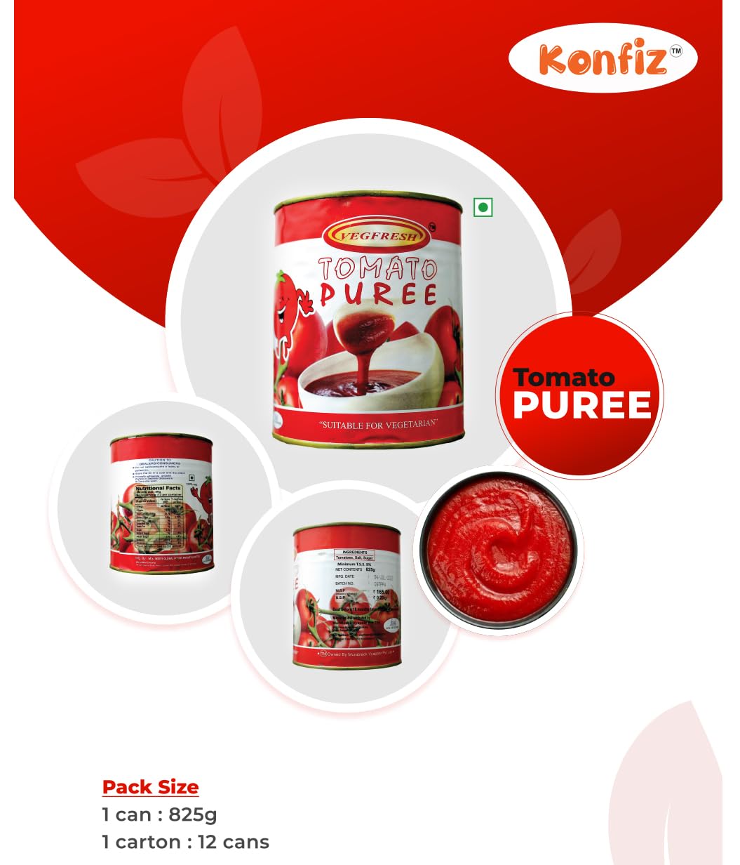 Konfiz Vegfresh Tomato Puree 800g – Thick & Rich Tomato Paste for Cooking | No Added Preservatives | Ready-to-Use for Curries, Pasta, Gravies, Pizza & More | Suitable for Vegetarians | Hygienically Packed - Image 3 thumbnail