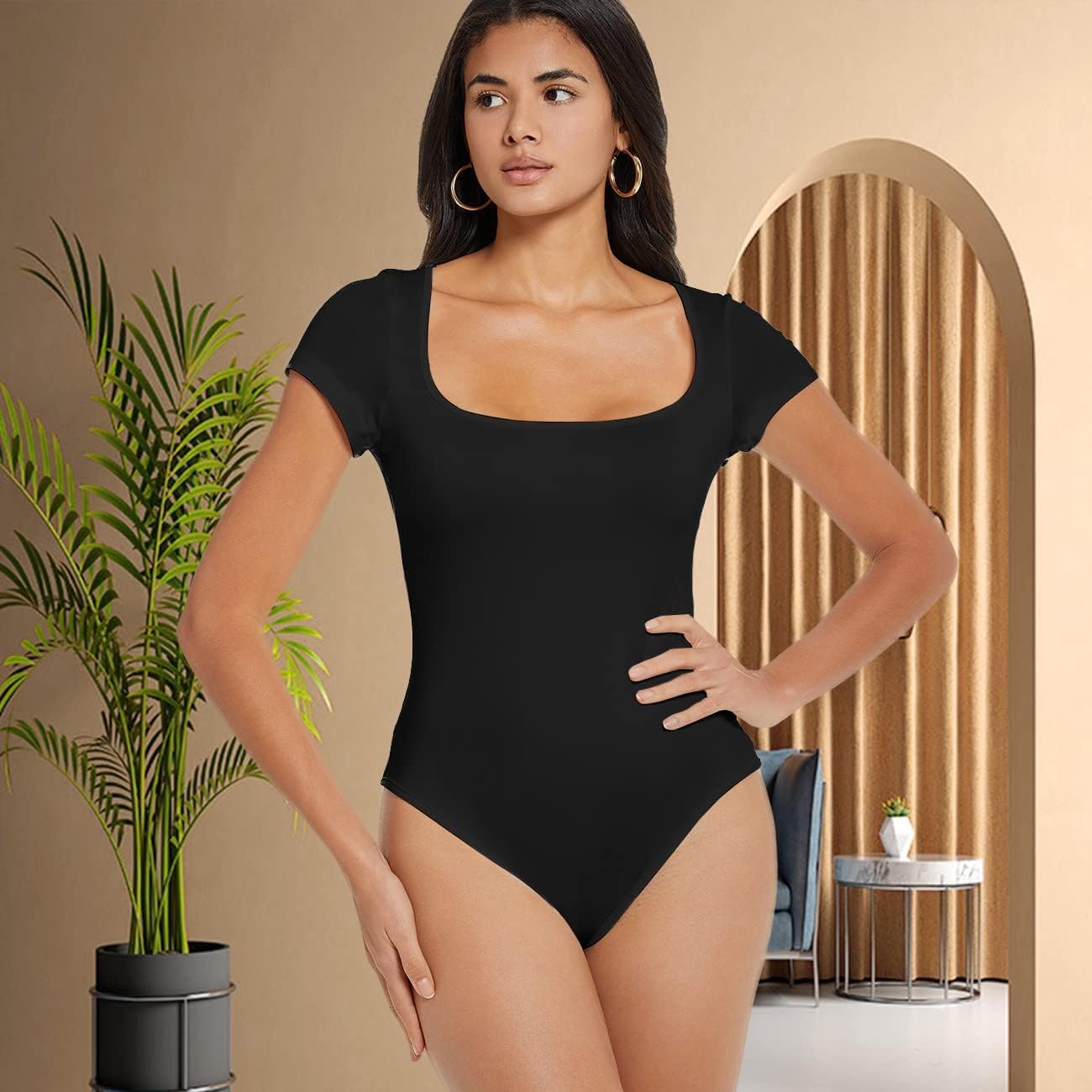 Body Donna Maniche Corte Bodysuit Elegante Scollatura Quadrata Contenitivo Modellante Outfit Estivo versatile Aderente Morbido