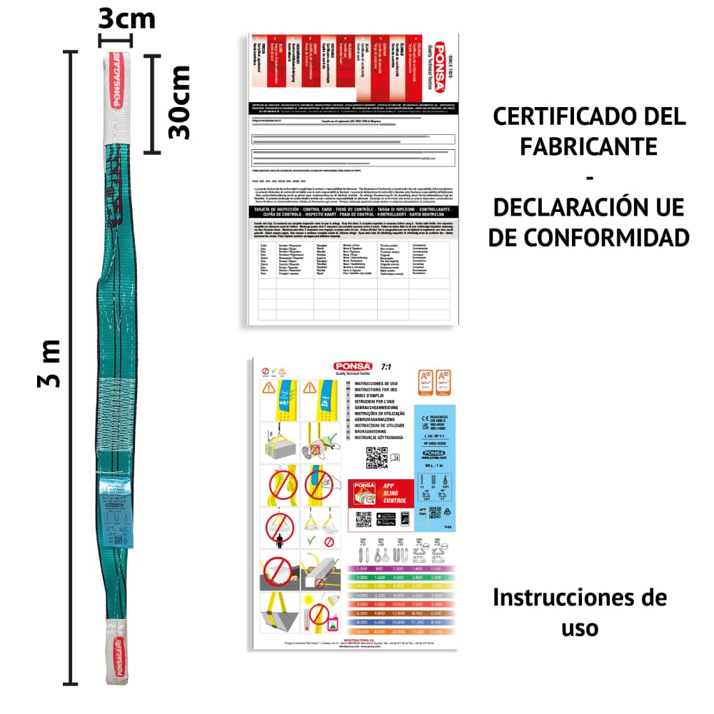Eslinga Plana de Doble Capa 2 Toneladas 2000 kg 3 Metros PONSAGARD Pack 2 uds.