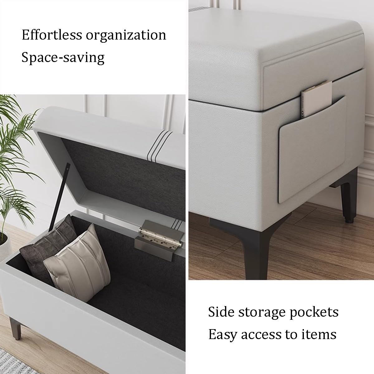 Moderno puf de cuero con patas de metal de 23.6 pulgadas, reposapiés otomano para sala de estar, entrada y dormitorio, taburete versátil para mesita de noche y banco Sk