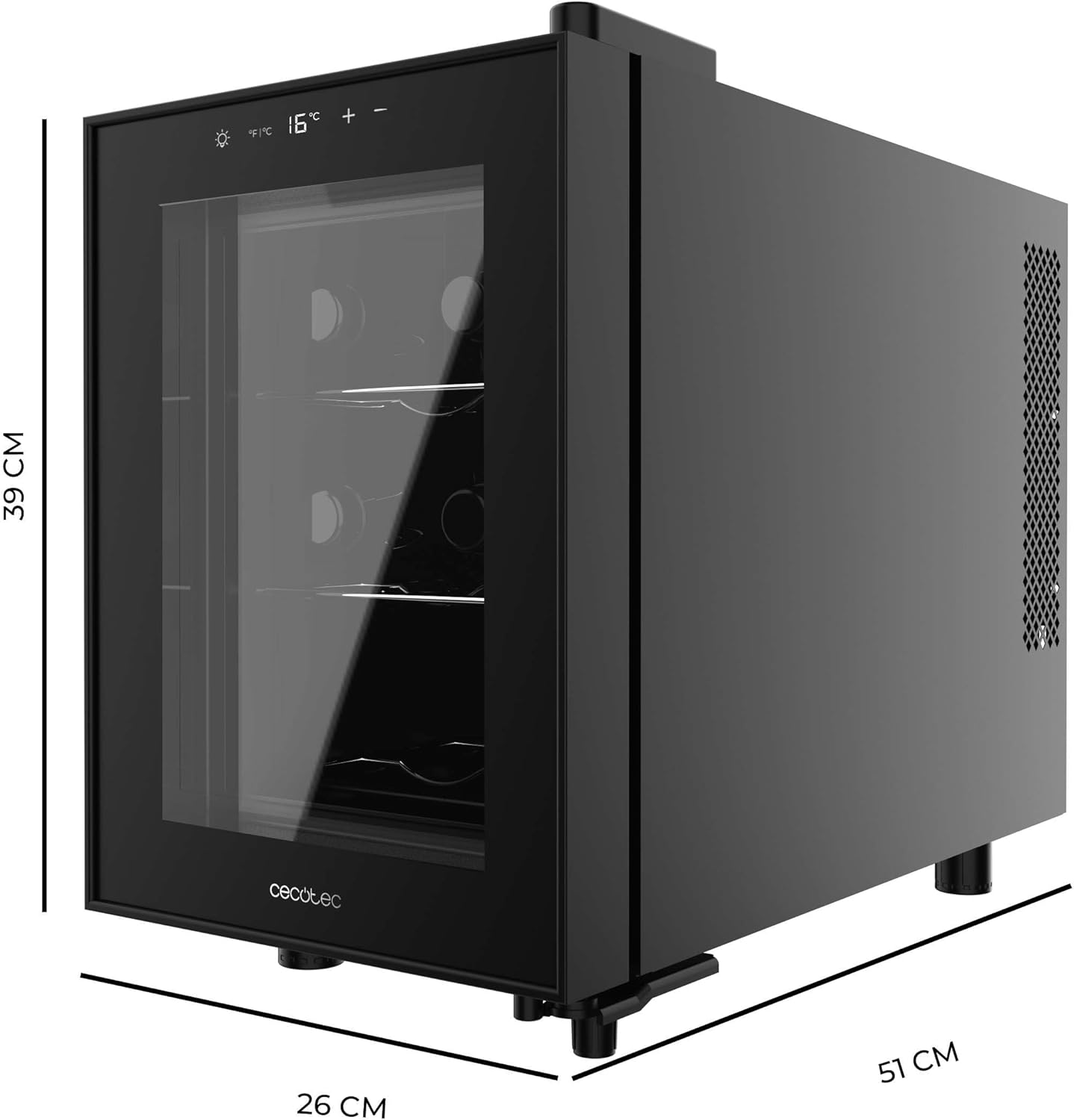 Cecotec Vinoteca 6 Botellas Bolero GrandSommelier 600 CoolCrystal E. Estantes Metálicos, Control Táctil, Temperatura 8 a 18ºC, Temperatura 8 a 18ºC, Negra